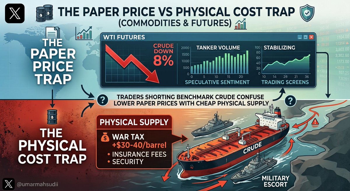 umarmahsudii's tweet photo. The Paper Price vs Physical Cost Trap (Commodities & Futures)

Traders sold WTI crude down eight percent expecting energy markets to stabilize as tanker volume increased
Paper futures contracts reflect speculative sentiment on trading screens Physical barrels passing through the strait carry an additional thirty to forty dollar war tax in military escort and insurance fees
Traders shorting benchmark crude confuse lower paper prices with cheap physical supply