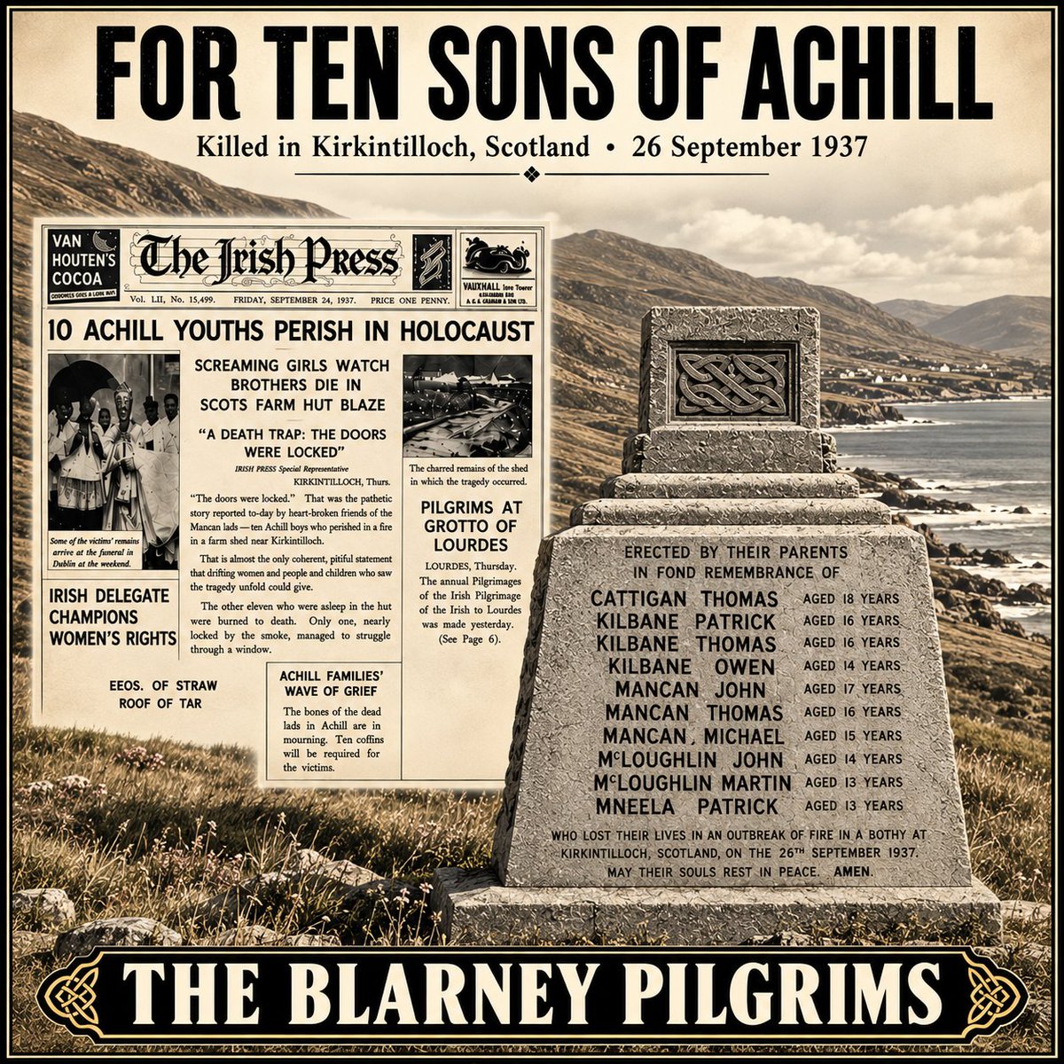 BlarneyThe's tweet photo. 'For Ten Sons of Achill' the new single from The Blarney Pilgrims

'Sad news from Scotland' the Guards they did say
Ten boys from Achill, in Scotland lie dead
Burned in a fire, locked up in a shed

Available 26th September on Spotify, Apple, Amazon &amp; all streaming services https://t.co/Kn066scFuA