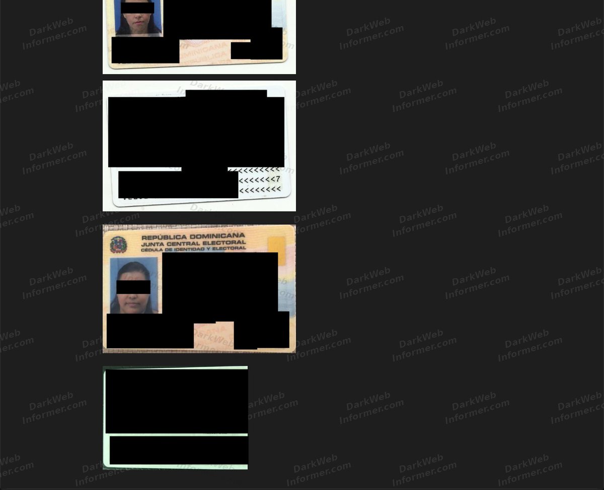 DarkWebInformer's tweet photo. 🚨 🇩🇴 API allegedly provides access to Dominican citizens’ identity photos and travel history
⠀
The actor "cutzinger" is advertising access to an API they claim can query records belonging to any citizen of the Dominican Republic.
⠀
The service reportedly returns a person’s national identification number, home address, identity-card photograph, and the number of times they have left the country. The listing uses Dominican Customs branding, while the sample response identifies the Central Electoral Board as the issuer of the identity records.
⠀
The actor shared samples containing complete identity documents but did not disclose the API’s source, access method, record coverage, or price. The listing describes on-demand access rather than a bulk dataset release.
⠀
This claim is currently unverified.
⠀
💥 No delays. No guessing. No redactions. Get the intel threat actors see, the moment they post it. https://t.co/281Qjc6WSh