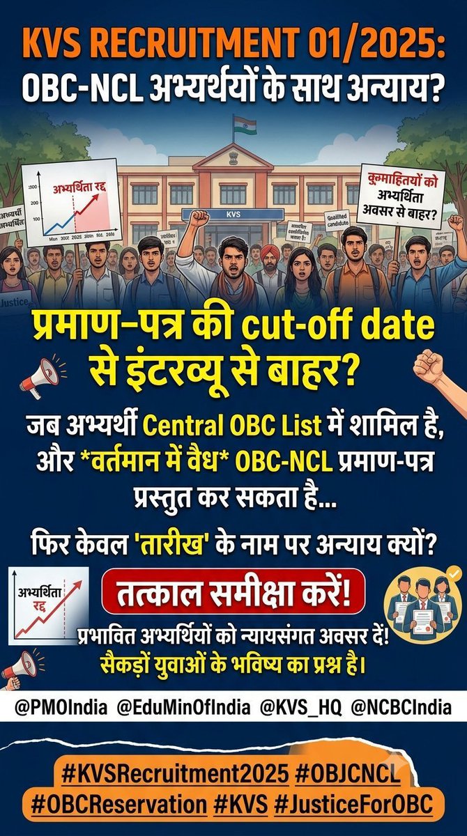 RKVSNVS's tweet photo. The OBC-NCL issue in KVS &amp; NVS is not just about a certificate or a category—it is about the dreams, opportunities, and future of thousands of deserving students. 💔 #kvs #obc_ncl
@narendramodi @RahulGandhi @abhinaymaths @cbseindia29 @aiobcsa @AmitShah https://t.co/62wBieG5ni