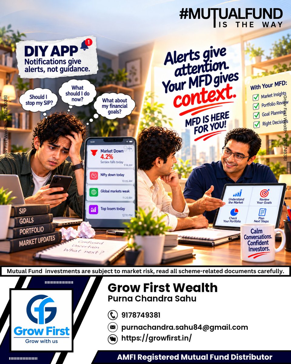 Growfirstt's tweet photo. Market noise creates questions; the right guidance turns uncertainty into clarity. 📊🤝 Build with context, plan with confidence. 
#growfirst #mutualfund #investing #stockmarket #financialplanning #mfd https://t.co/Jni2W1RJOc
