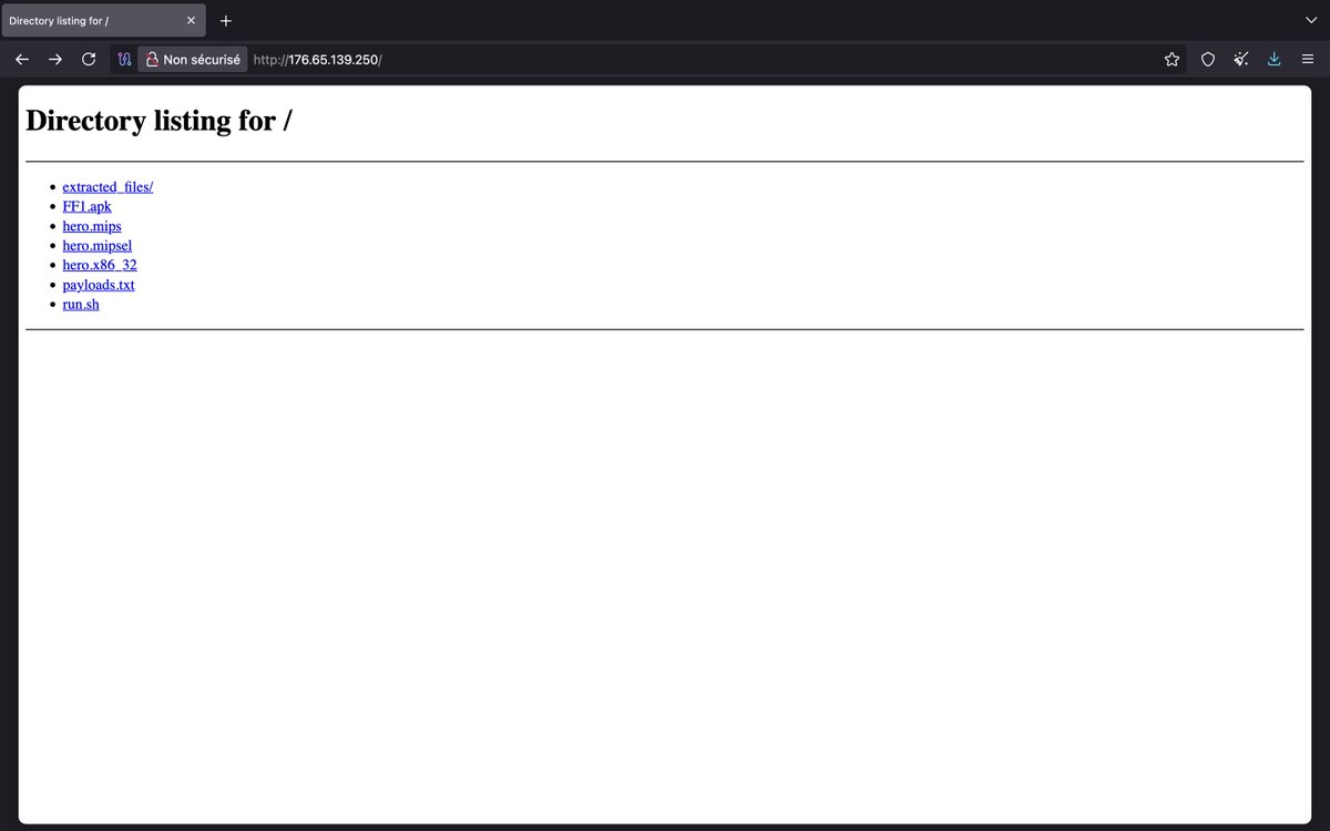 redrabytes's tweet photo. During a routine scan, I found a malicious open directory infecting Android devices, and probably routers/IoT too (MIPS, MIPSEL and x86 binaries).

Spreader hxxp[://]176[.]65[.]139[.]250/

#ThreatIntel #Malware #Android #OpenDir https://t.co/DwW6hIpToj