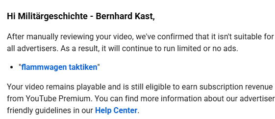 MilHiVisualized's tweet photo. Years ago, I did a flame halftrack tactics video, it was approved for all advertisers, which makes sense because it is a sober technical tactical video, no gore, no images, not brutality etc.
Well, now the nearly exact same version was denied in German. @TeamYouTube https://t.co/rNoJL4RCat