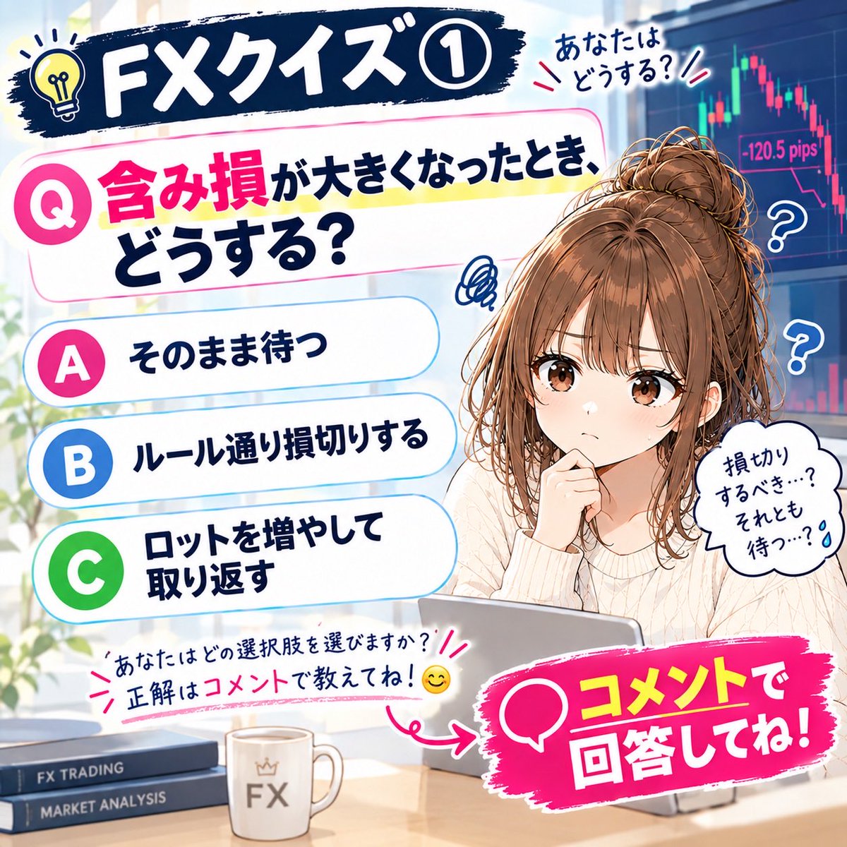 Rinaw9dj's tweet photo. 📚FXクイズ①

含み損が大きくなったとき、あなたならどうする？🤔

A：そのまま待つ
B：ルール通り損切りする
C：ロットを増やして取り返す

正解だと思うものをコメントで教えてね😊
明日は答えを解説します📈 https://t.co/rLeNy6JVD0