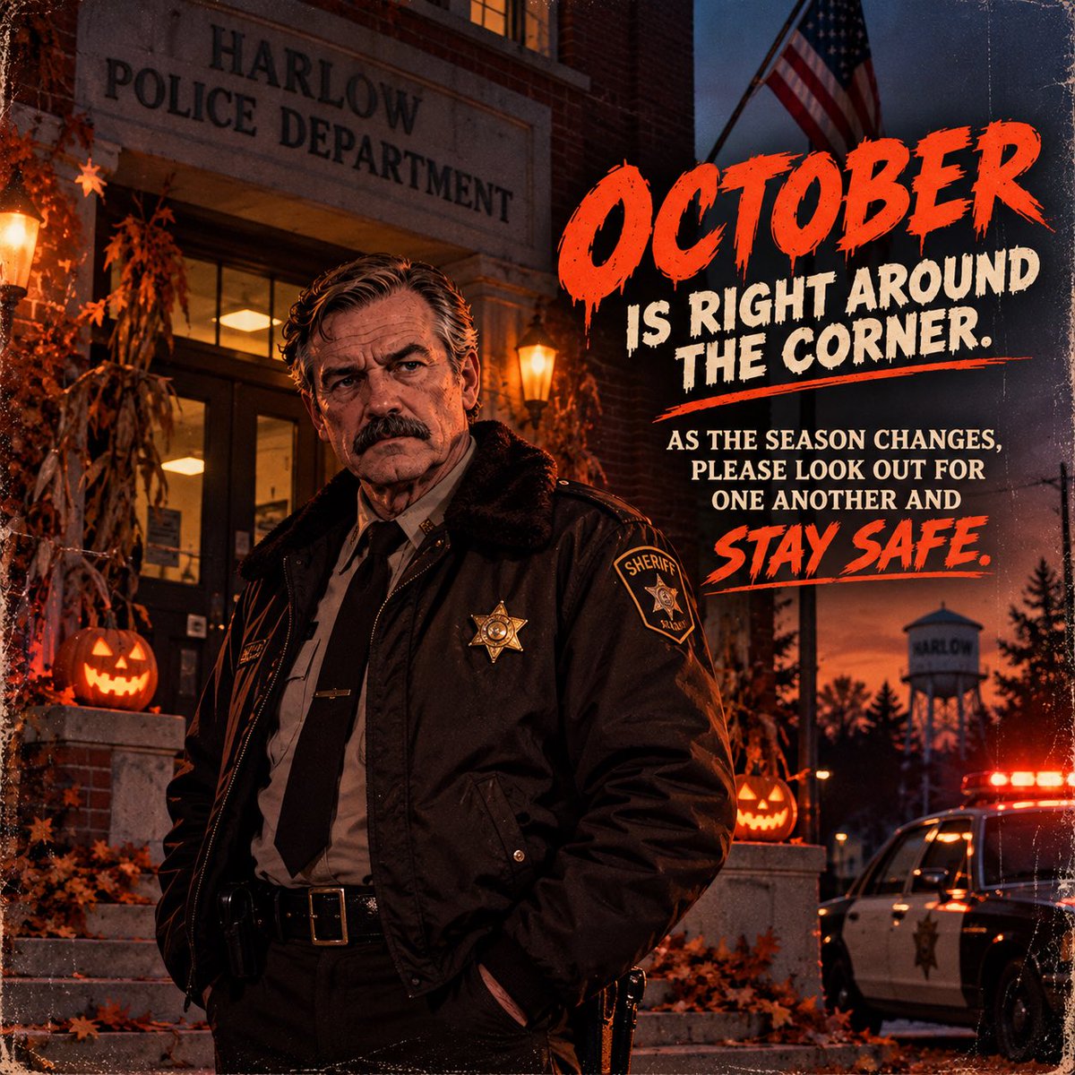 HarlowTheGame's tweet photo. October’s almost here in Harlow. 🎃🍂
Sheriff Harrington has just one piece of advice: enjoy the season, look out for each other… and don’t stay out too late. 🚔
#halloween #horrorgame #horrorgames #slasher #game #games #horror #october #indiedev https://t.co/B5NeUZemOQ