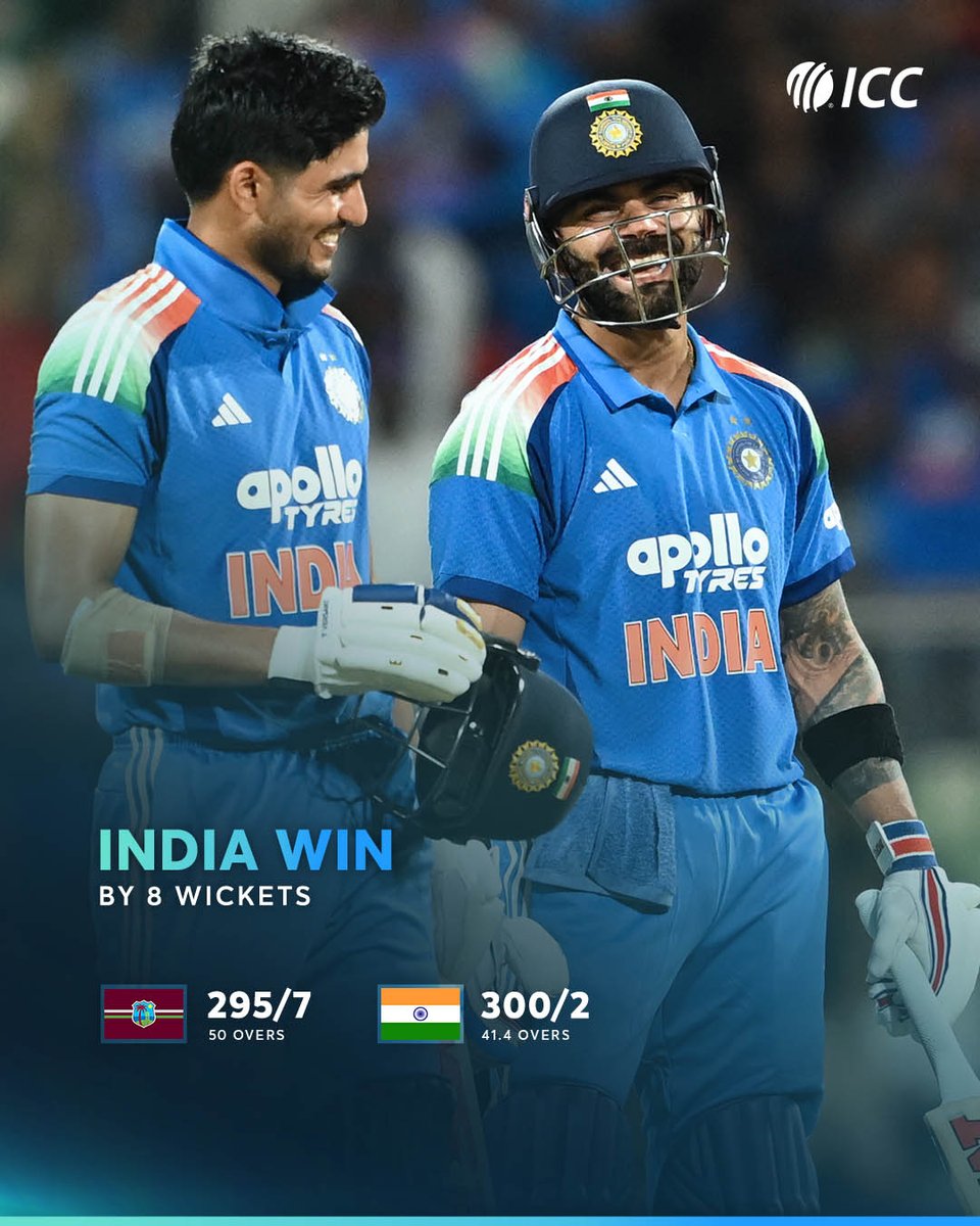 ICC's tweet photo. Hundreds from Virat Kohli and Shubman Gill power India's dominant chase in the first ODI against West Indies 💪

Match centre ➡️ https://t.co/h38gxQF3rE https://t.co/QD22DwtzTJ