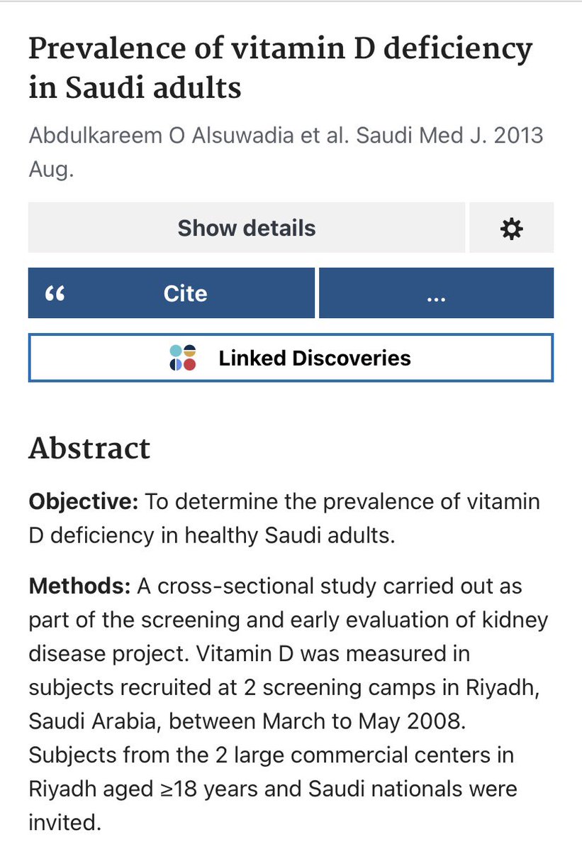Lucia6e4y's tweet photo. الدراسة الأولى:

بعنوان Prevalence of vitamin D deficiency in Saudi adults 

وجدت أن النساء السعوديات في عينة الدراسة كنّ أكثر عرضة بنحو 3 مرات لوجود نقص أو عدم كفاية فيتامين D مقارنة بالرجال. https://t.co/m8gMKHhEUz