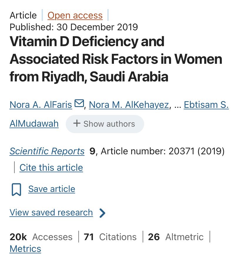 Lucia6e4y's tweet photo. الدراسة الثانية:

بعنوان:

Vitamin D Deficiency and Associated Risk Factors in Women from Riyadh, Saudi Arabia

شملت 166 امرأة في الرياض تتراوح أعمارهن بين 30 و65 عامًا، وجدت أن 60.2% منهن يعانين من نقص فيتامين D، وفق تعريف الدراسة لنقص فيتامين D (أقل من 20 ng/mL). https://t.co/fPvtM9CZmH