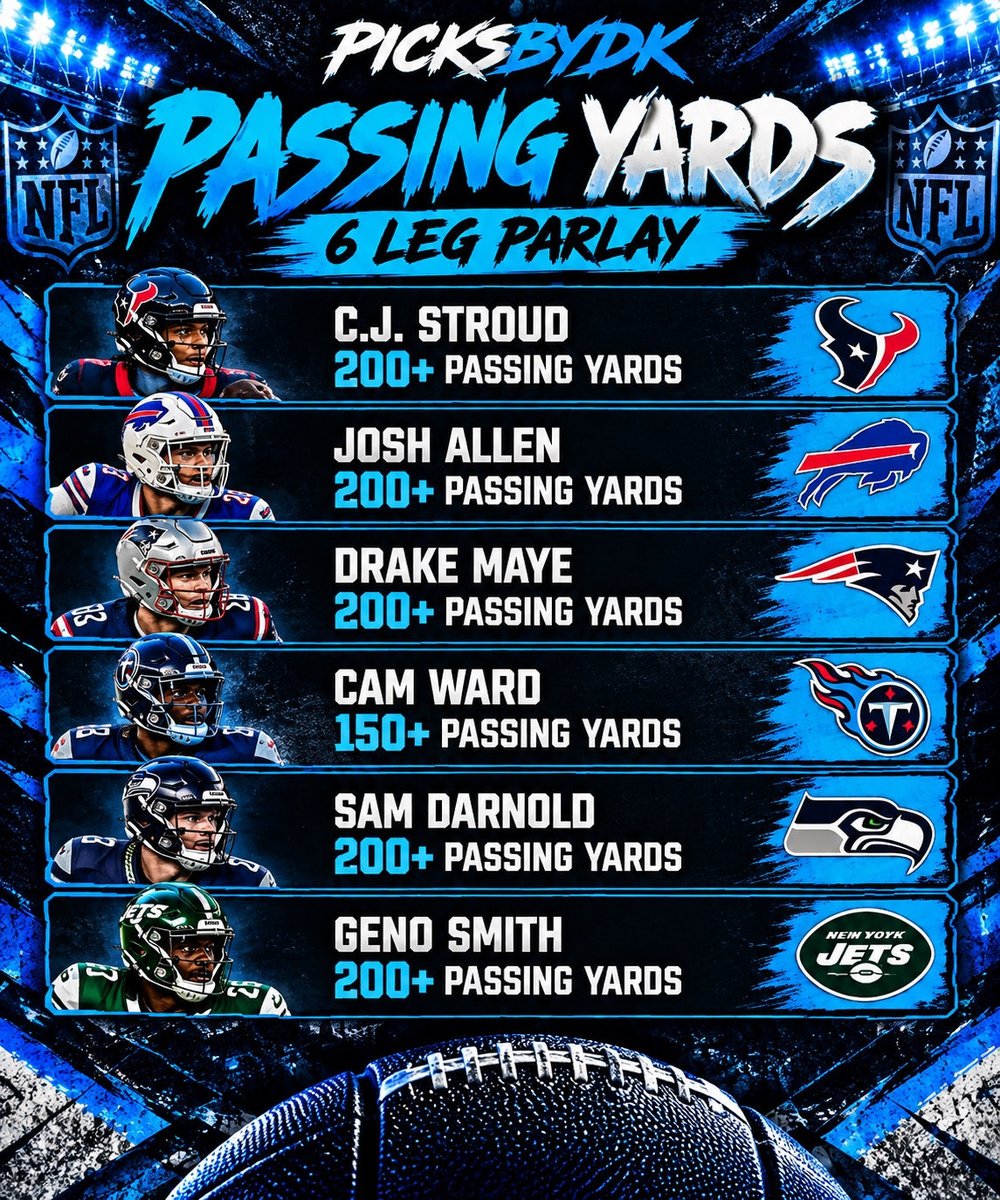 PicksByDk's tweet photo. PASSING YARDS PARLAY 🏈

No crazy analysis needed here…

JUST PASS THE DAMN BALL, BERT. 😂

6 QBs. Low lines. Let’s cash this thing. 🤝

$10 pays $95 love these odds on these low lines 

#NFL #NFLPicks #PicksbyDK

@Playbook https://t.co/ycysJX9LoJ