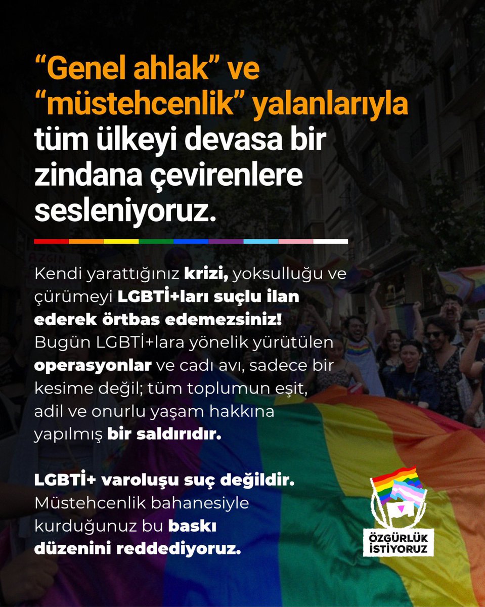 KirkYama05's tweet photo. Biliyoruz ki; kadınların, işçilerin, ezilenlerin ve LGBTİ+'ların kaderi ortaktır. Birimiz özgür değilsek, hiçbirimiz değiliz. Yan yanayız, buradayız ve bu ablukayı hep birlikte dağıtacağız.
Her yer zindan, özgürlük istiyoruz!

📌Özgürlük İstiyoruz Kampanyası https://t.co/Mlqb4uwPVX