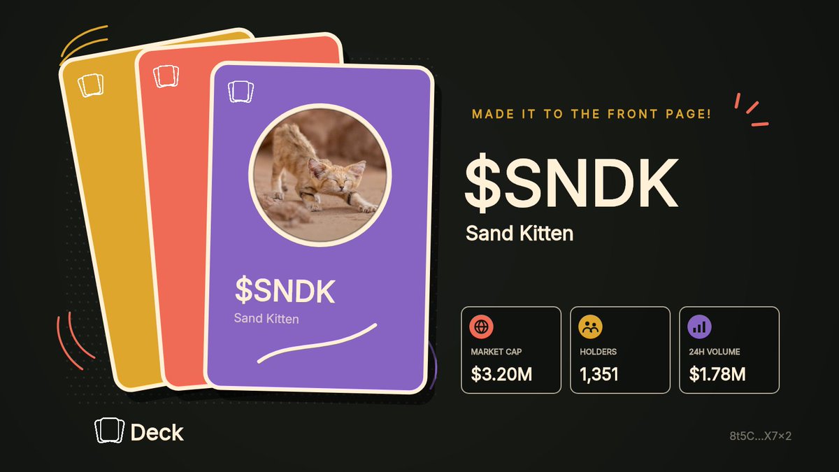 deckfrontpage's tweet photo. $SNDK is on the front page of Deck!

Sand Kitten
Market Cap: $3.20M, Holders: 1,351

8t5C4AWDg4CroMChxdo7rG2e8nJM31QG2GG7Czx9X7x2

https://t.co/a1S7otiuLy

Follow @deckdotfun to learn more about Deck. https://t.co/drQ1EHGrZ7