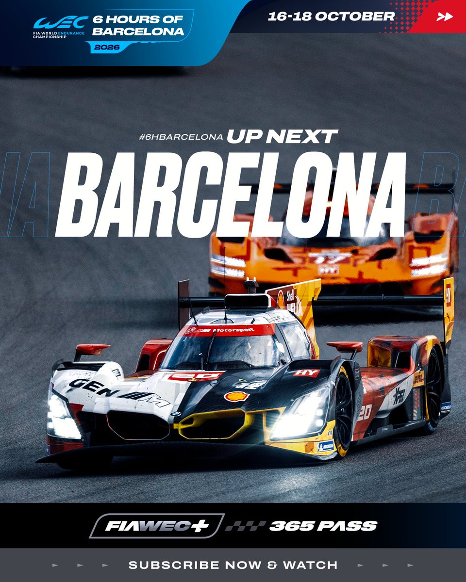 FIAWEC's tweet photo. Barcelona 🔜🇪🇸 Round 7 is coming.

After a thrilling race in Japan, we head to Spain from 16 to 18 October.

A new destination, a new challenge - and the first-ever Spanish round in FIA WEC history!

#WEC #6HBarcelona @Circuitcat_eng https://t.co/NzRwLAKQYB