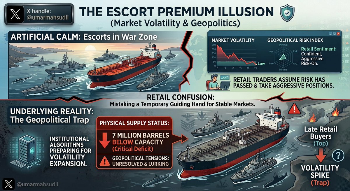 umarmahsudii's tweet photo. The Escort Premium Illusion (Market Volatility & Geopolitics)

When naval escorts guide commercial oil tankers through a war zone market volatility collapses temporarily
Retail traders assume the geopolitical risk has passed and begin taking aggressive risk on trades The physical supply remains seven million barrels below normal capacity while underlying geopolitical tensions remain unresolved
Institutional algorithms use brief periods of artificial calm to trap late retail buyers before the next volatility expansion