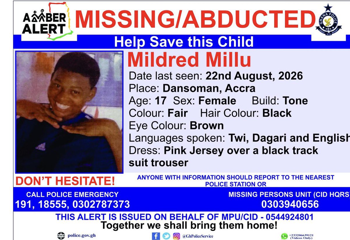 Nanaezze's tweet photo. The Police are doing their best but you and I have to help them

Mildred Millu from Dansoman went missing on 22nd of August 

She’s only 17 https://t.co/tWirg0jTXp
