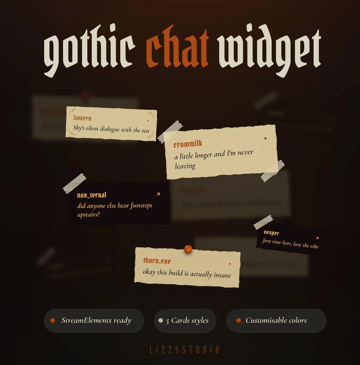 Li22Studio's tweet photo. 🕯️ Something's changed on screen this October

New Halloween chat overlay — full-screen messages in pumpkin &amp; near-black paper, quietly haunting your stream 🎃🕸️
Find on my Etsy 🖤
#Twitch #TwitchOverlay #StreamerTools #Halloween https://t.co/FOFxKmpN9w