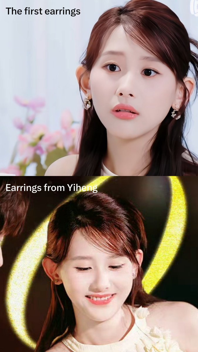 nadeurim's tweet photo. Someone on weibo speculated that yiheng might’ve bought kaiyi a pair of earrings. Kaiyi wore two different pairs of earrings in today’s video, and she’s worn this pair several times. Also, it looks like yiheng was holding kaiyi's earring, not her cheek 🥺
#heartsignals9 https://t.co/qYYvbz3zOj