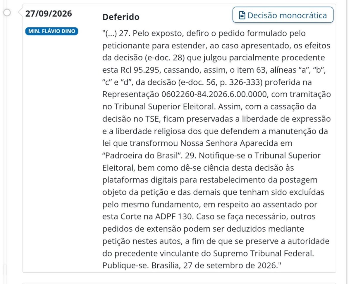 lucasmourao_'s tweet photo. URGENTE! Vamos vencer!

Após nossa petição, ministro Flávio Dino CASSA a decisão de André Mendonça que censurava post do Antonio Tabet.

Agradeço ao @antoniotabet pela confiança no trabalho e ao @andrematheus85 e @rodrigorc72
pela parceria.

Viva a liberdade de expressão, viva Nossa Senhora Aparecida!