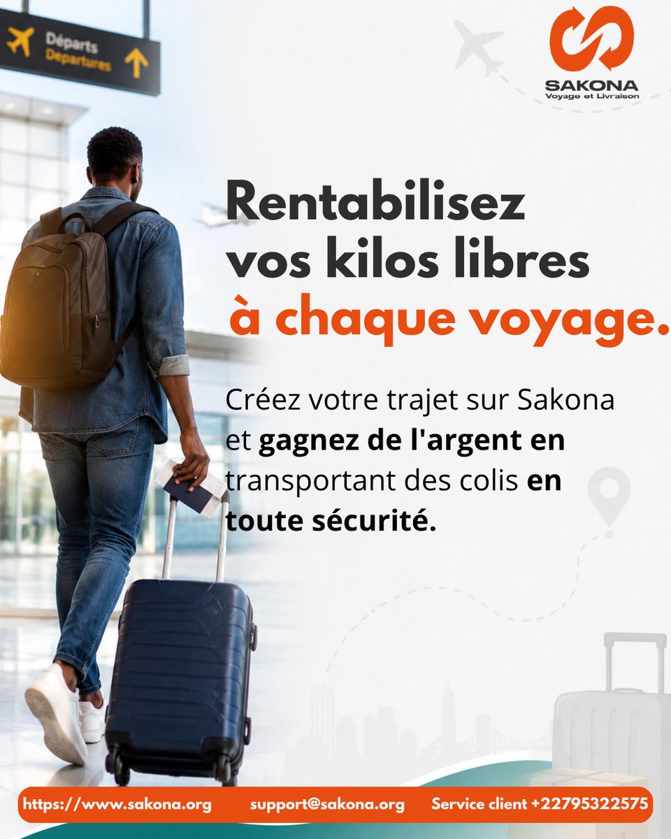 SakonaApp's tweet photo. Avec @SakonaApp, rentabilisez vos kilos libres à chaque voyage 📌

Simple, rapide et sécurisé.

📲 Téléchargez l'application dès maintenant : https://t.co/sOmQtf00C1

Sakona — un bagage libre, un colis livré. https://t.co/ZcYrrc6Uzr