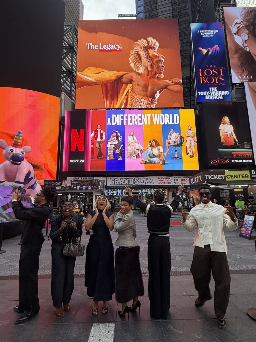 BlackFilmAlerts's tweet photo. The cast of ‘A Different World’ reacting to the series’ billboard in Times Square.

📺: Season 1 is now streaming on Netflix.

📸: (L to R): Cornell Young IV, Alijah Kai, Kennedi Reece, Maleah Joi Moon, Jordan Aaron Hall, and Chibuikem Uche https://t.co/94ZaS2MpdQ
