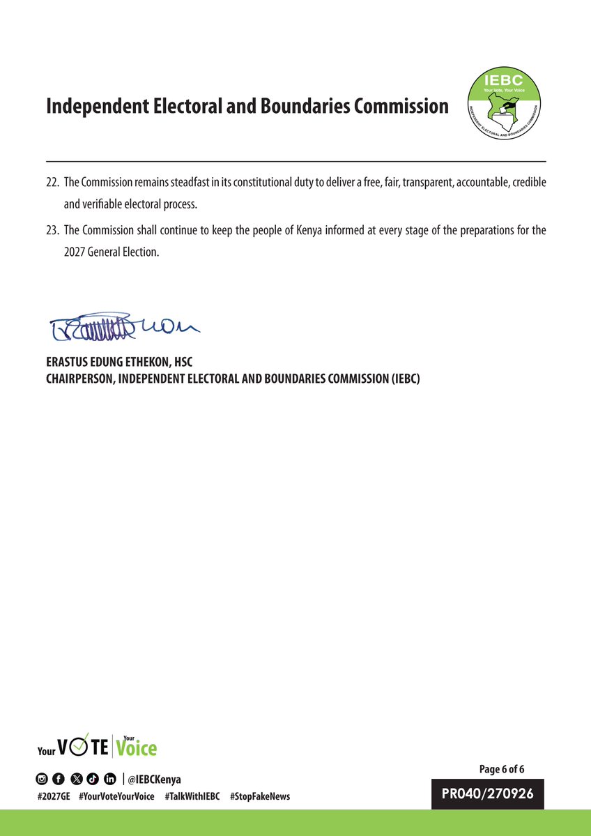 IEBCKenya's tweet photo. Press Release Response to Allegations and Claims Aired on KTN Teaser on Ongoing Continuous Voter Registration  

Download: https://t.co/GmCm54iYeZ 

#2027GE #17thNovemberByelection #YourVoteYourVoice https://t.co/Ccw5R8PPJu