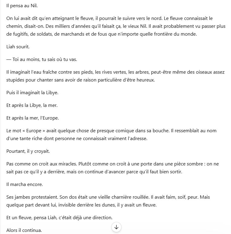lucas_jaku's tweet photo. 🧠J'ai demandé à ChatGPT de m'écrire une page de livre. Liah, migrant soudanais est dans le désert en route vers l'Europe. Voici le prompt et le 1er jet.

L'intelligentsia va adorer, ça ressemble à du Thélyson Orélien. L'IA a même généré un titre "Le fleuve connaît le chemin". https://t.co/ggTCHEdQu1