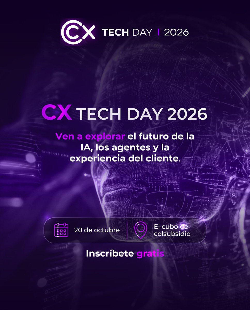 BPrO_org's tweet photo. Acompáñanos en el TECH DAY 2026 y ven a explorar el impacto real de la IA y los agentes en el futuro de la experiencia del cliente. No te quedes fuera de la conversación que está moldeando nuestra realidad.

📅 ¿Cuándo? 20 de octubre
📍 ¿Dónde? El Cubo de Colsubsidio
🎟️ Inscripción: https://t.co/MHgFraA6Kw

¡Totalmente GRATIS!

@anakarinaqa