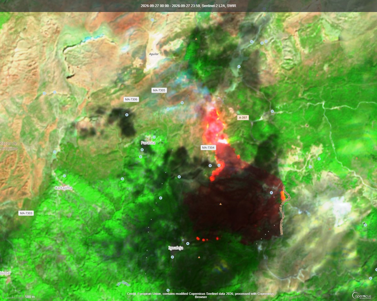 GalvezRivas's tweet photo. El incendio ACTIVO y en #SO1 de #IFIgualeja - #Málaga visto hoy por #Sentinel2 que ya sería un nuevo #GIF, estimándose más de 900 hectáreas afectadas https://t.co/sIQCv8UMnS