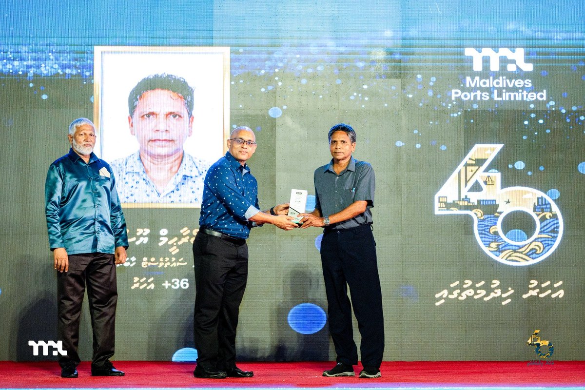 Portmv's tweet photo. Four decades of MPL’s journey have been shaped by the people who have dedicated their time, talent and years of service to the organisation.

We are honoured to recognise the employees who have been with MPL for more than 35 years, alongside those who recently retired after years of service.

Thank you for being an important part of MPL’s story and for the years you have given to the organisation.

#MPL #MaldivesPortsLimited #Badharah40 #MPLStaffNight #MPL40thAnniversary