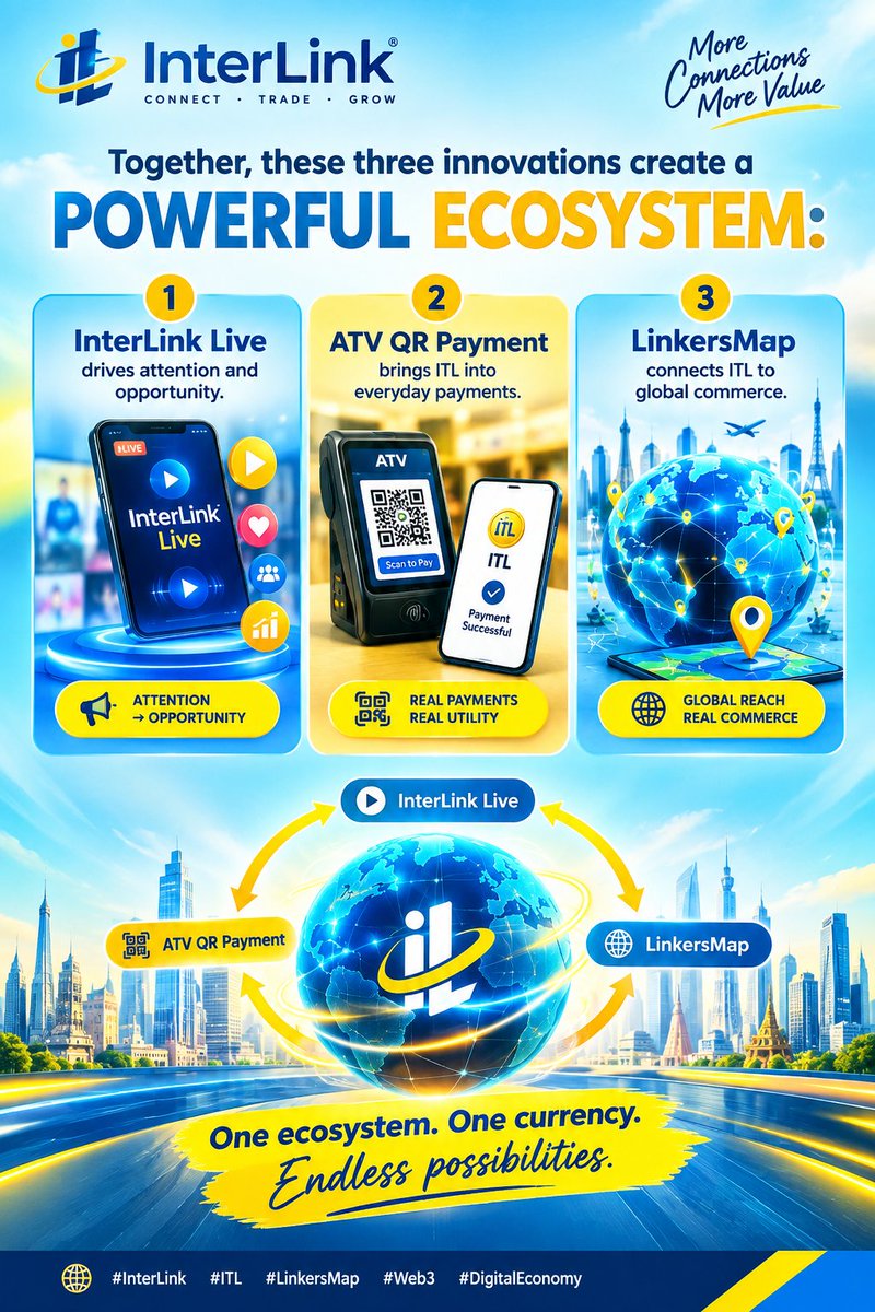 bmbtiger's tweet photo. Together, these three innovations create a powerful ecosystem:

🔹 InterLink Live drives attention and opportunity.
🔹 ATV QR Payment brings ITL into everyday payments.
🔹 LinkersMap connects ITL to global commerce.

One ecosystem. One currency. 

#InterLink #ITLG #ITL https://t.co/8XNZH7z2uM