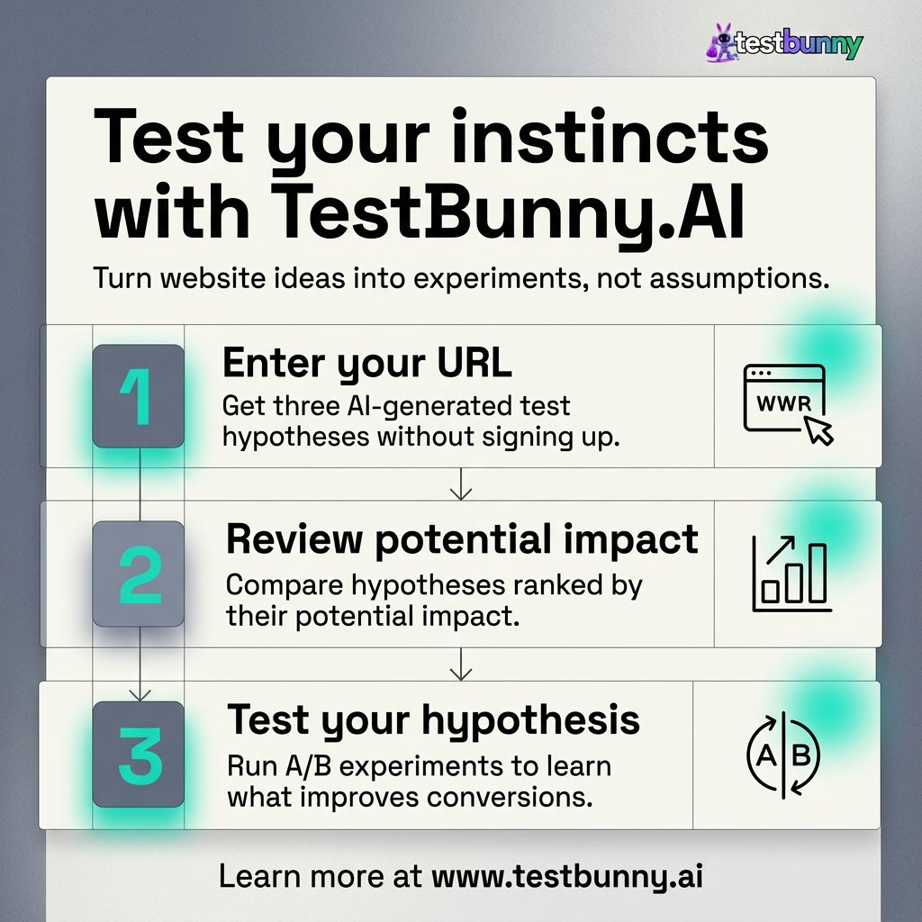TestBunnyAI's tweet photo. Your 'expert intuition' is a high-interest loan you can't afford. Stop guessing. The data says otherwise: most UI updates fail to move the needle. Use https://t.co/oWLTwRnWGv to ship winning experiences. Learn more: https://t.co/jlYADK4j3C https://t.co/Wdtgxo1ZoQ