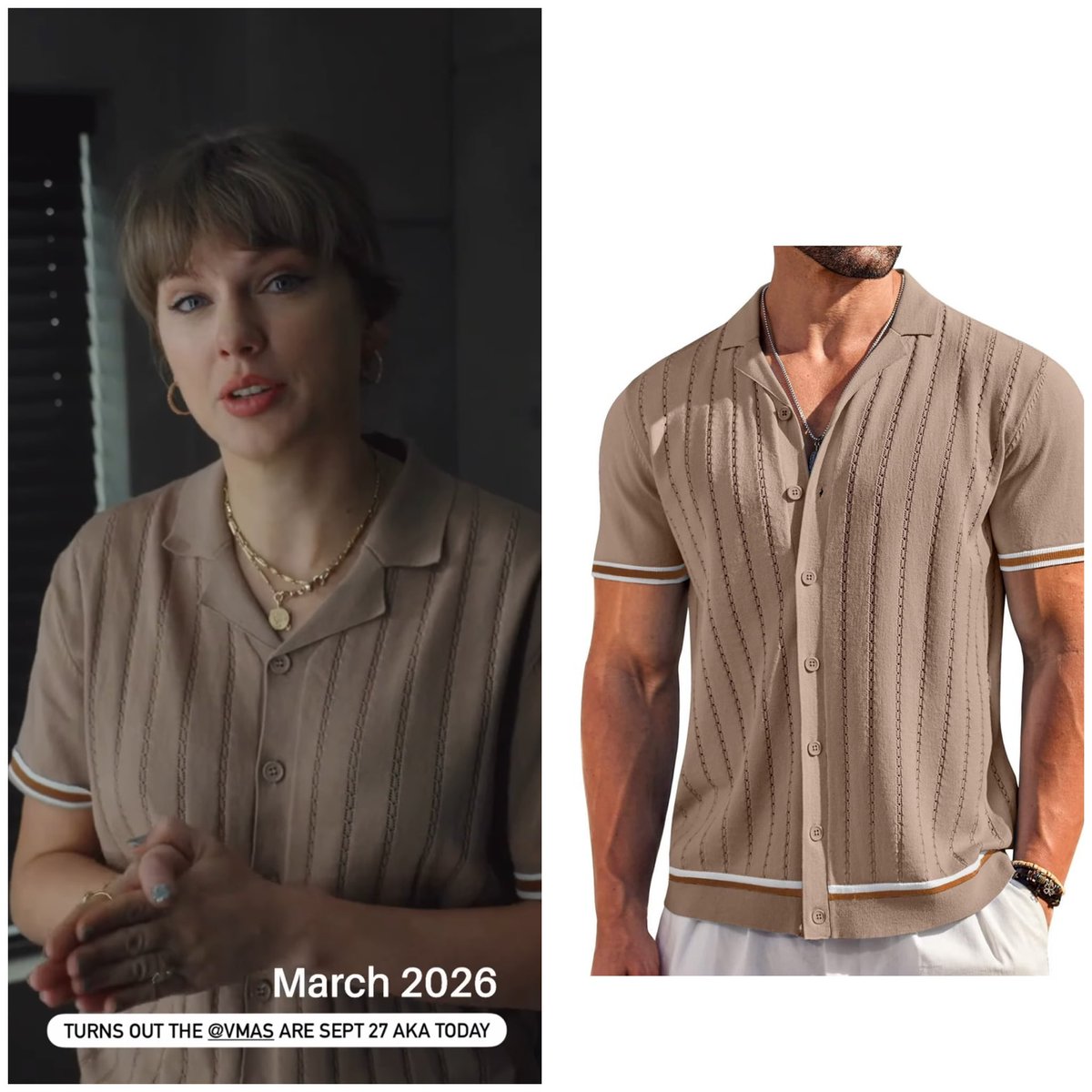 theswiftedit's tweet photo. Taylor stuns in a new video posted on Instagram about tonight’s VMAs (September 27, 2026) 

Wearing:
Coofandy ‘Casual Striped Button Down Knit Shirt ‘ ($50)
Darlene De Sedle ‘Elizabeth Taylor Ring’ 
Cartier ‘Love Unlimited Bracelet’ 
Kindred Lubeck x Travis Kelce Artifex Fine Jewelry ‘Custom Diamond Old Mine Elongated Cushion Cut Engagement Ring’ 

Note: Rest coming soon but wanted to post the shirt while it was still available and at this price!

Shop:
https://t.co/R9vgcOhDqq

https://t.co/xkVuTb8cUp