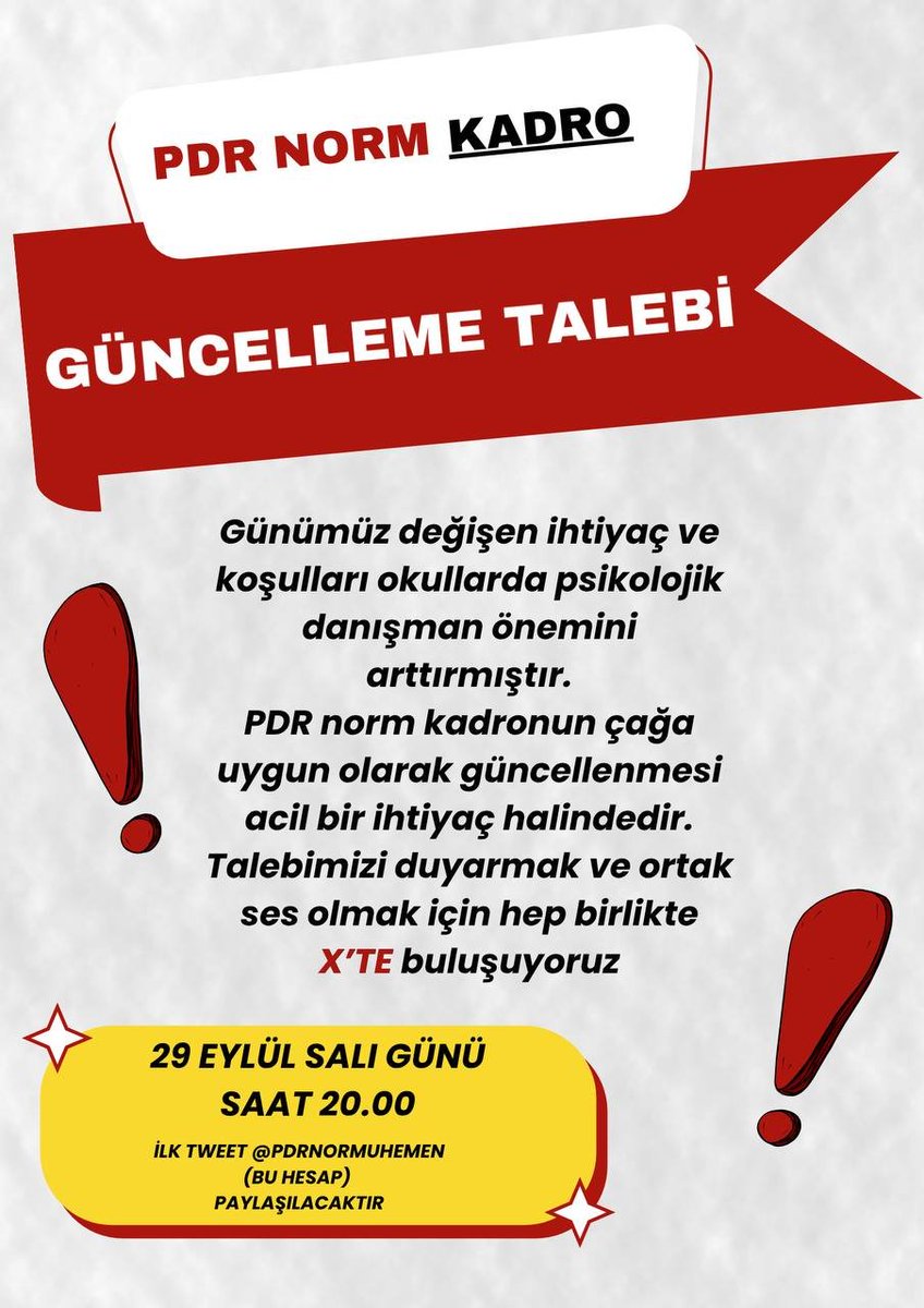PdrNormuHemen's tweet photo. Günümüz değişen ihtiyaç ve koşulları okullarda psikolojik danışmanın önemini arttırmıştır.PDR norm kadronun çağa uygun olarak revize edilmesi gerekmektedir. 

📢 '30 Eylül Psikolojik Danışmanlar' günümüze yaklaşırken X'te talebimizi duyurmak ve ortak bir ses olmak için tüm psikolojik danışmanlar olarak Salı günü saat 20.00’de X’TE buluşuyoruz.

❗️Tag etkinlik saati belli olacaktır.
❗️İlk tweet bu hesaptan paylaşılacaktır.