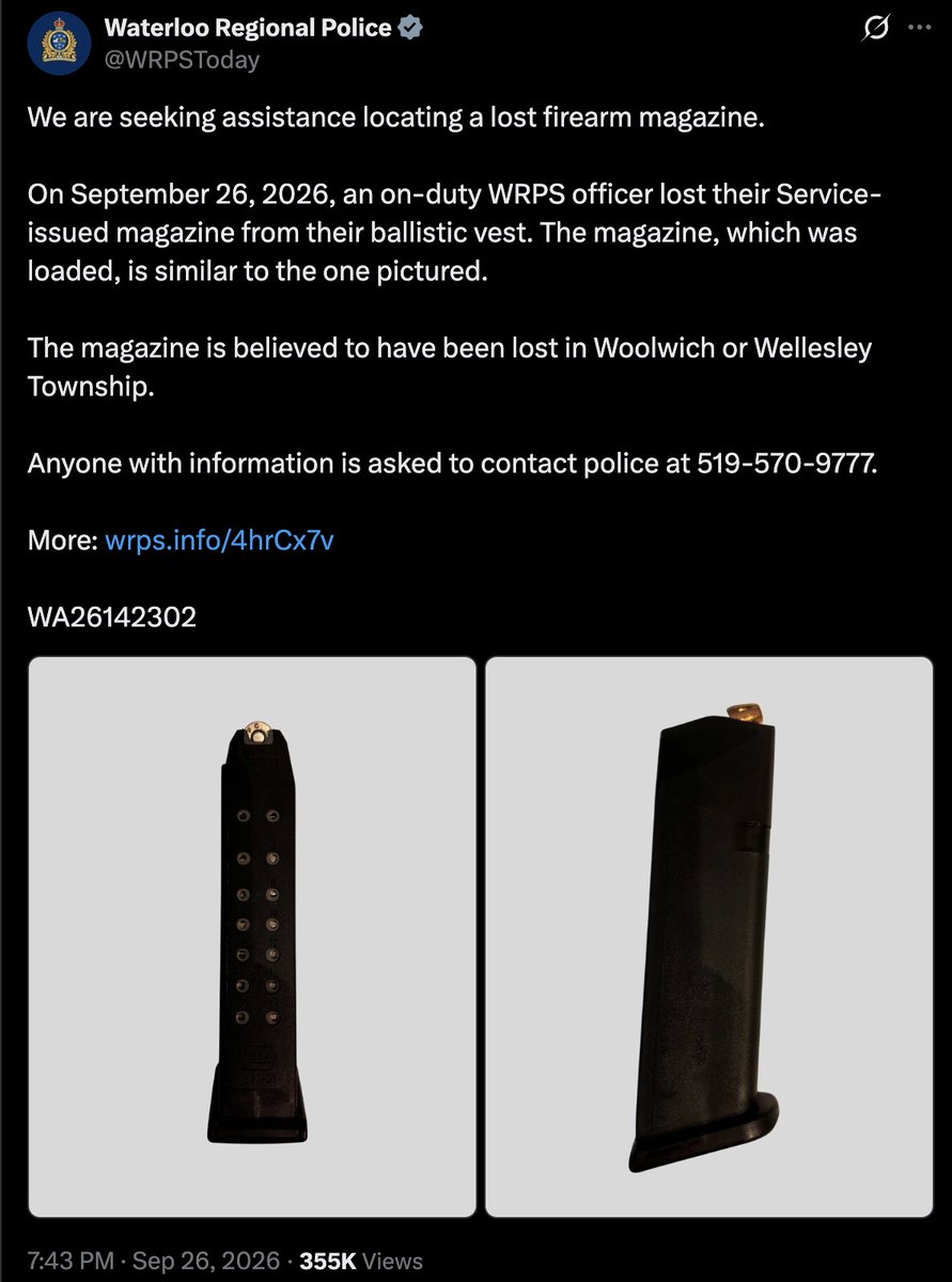 Mrgunsngear's tweet photo. The Waterloo police (just west of Toronto) lost a single Glock magazine and put out a BOLO for it 😂
Never give up your guns accordingly....
#canada #failedstate #police #glock #toronto #PoliceState #caliphate #ontario https://t.co/BBksHBOcEN