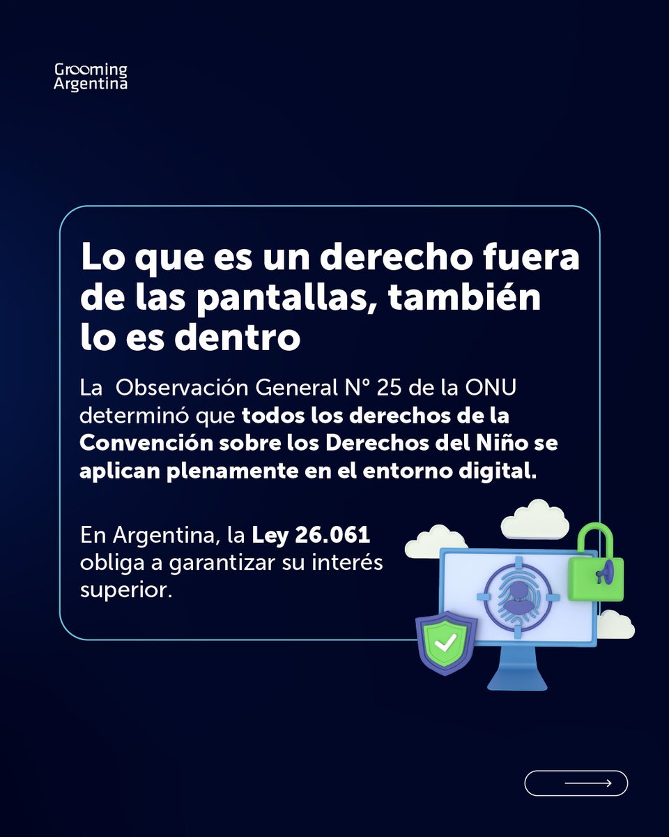 GroomingArg's tweet photo. 🌐 LOS DERECHOS DIGITALES SON DERECHOS HUMANOS 🌐

📜 En el Día de los Derechos de las Niñas, Niños y Adolescentes, reafirmamos nuestro compromiso con la protección de las infancias y adolescencias en #Internet.

🏛 El entorno digital no es un territorio sin ley. Niñas, niños y adolescentes tienen derecho a conectarse, aprender, jugar y expresarse, pero sobre todo, tienen derecho a desarrollarse en entornos digitales seguros y libres de violencias.

🛡 Garantizar y proteger sus derechos en Internet es una responsabilidad compartida entre el Estado, las empresas tecnológicas, las familias y las escuelas.

📲 Deslizá para conocer algunos de sus derechos digitales.