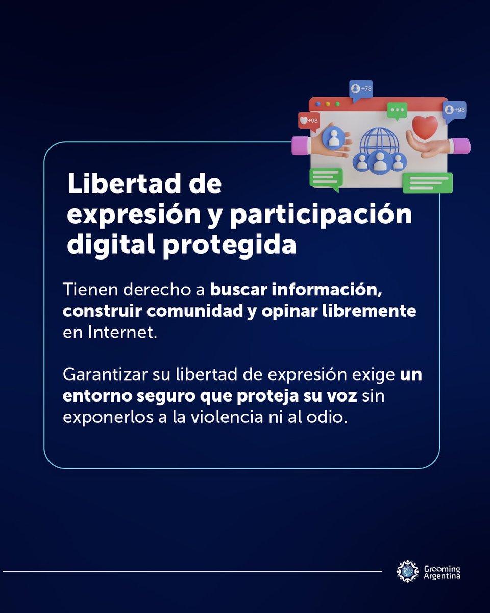 GroomingArg's tweet photo. 🌐 LOS DERECHOS DIGITALES SON DERECHOS HUMANOS 🌐

📜 En el Día de los Derechos de las Niñas, Niños y Adolescentes, reafirmamos nuestro compromiso con la protección de las infancias y adolescencias en #Internet.

🏛 El entorno digital no es un territorio sin ley. Niñas, niños y adolescentes tienen derecho a conectarse, aprender, jugar y expresarse, pero sobre todo, tienen derecho a desarrollarse en entornos digitales seguros y libres de violencias.

🛡 Garantizar y proteger sus derechos en Internet es una responsabilidad compartida entre el Estado, las empresas tecnológicas, las familias y las escuelas.

📲 Deslizá para conocer algunos de sus derechos digitales.