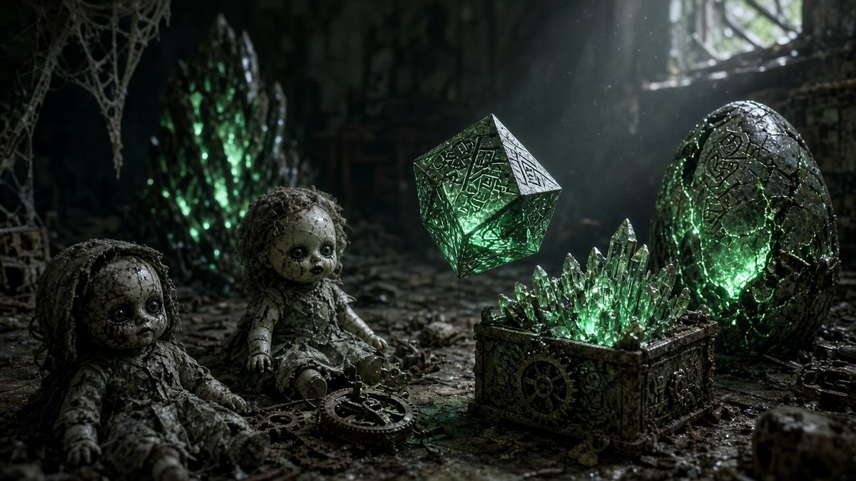 ThePaleImitator's tweet photo. Porcelain keeps vigil where the green relics breathe.
#AIart #digitalart #scifi #cursedtoys #alienartifacts #darkart https://t.co/cIKSpYhOgx