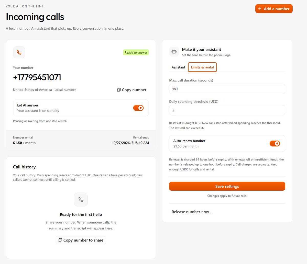 DialoAgent's tweet photo. Your own number. Today.

Rent a local number, put an agent on it, and it picks up for you. Set the tone, cap the call length, cap the daily spend.

$1.50 a month for the number.

Shipping in a few hours. https://t.co/sGGKNXik5C
