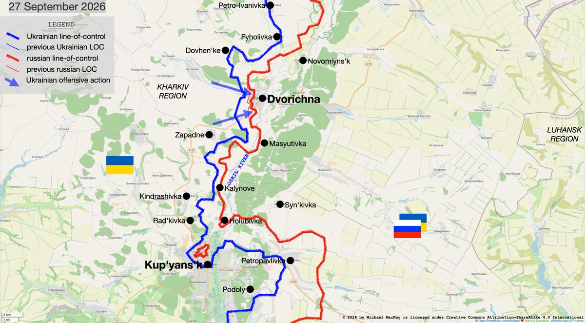mhmck's tweet photo. Ukrainian defenders have entered the temporarily-occupied town of Dvorichna. They are methodically pushing the russian fascist invaders out of this bridgehead west of the Oskil River in Kharkiv region. https://t.co/6XPsQHGPLe