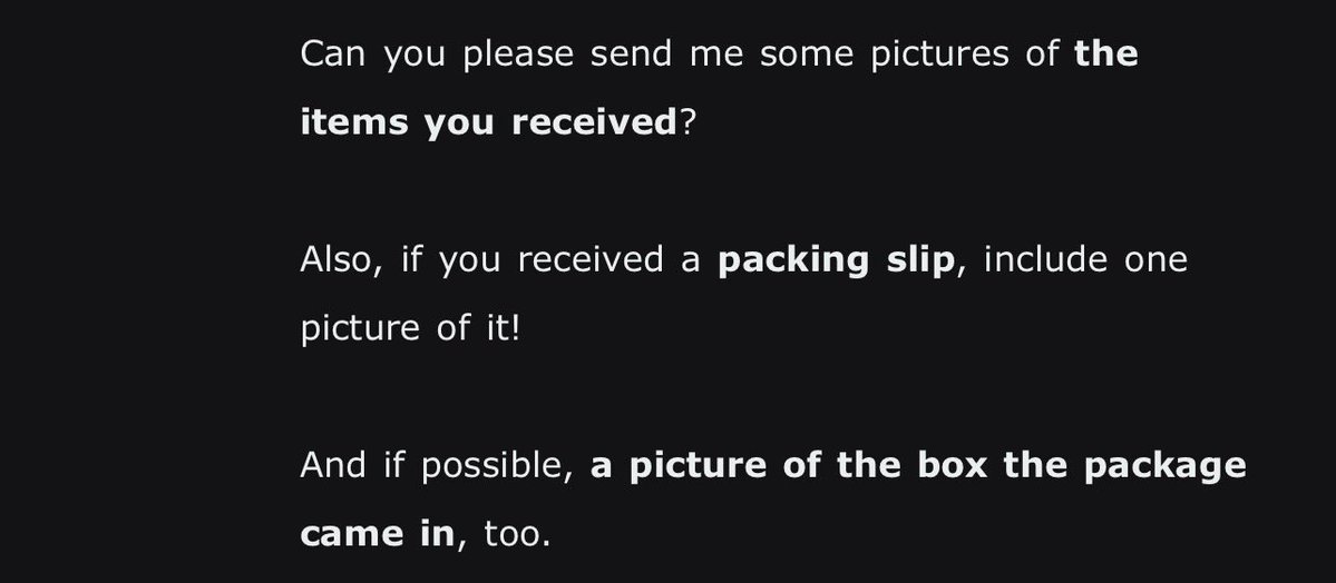 Abhelios's tweet photo. @Totatso @Rabbitch_chang Id recommend recording a video of you opening it just in case and then taking photos. I contacted support about it and this is what they asked for https://t.co/F2B0ek8Fzp
