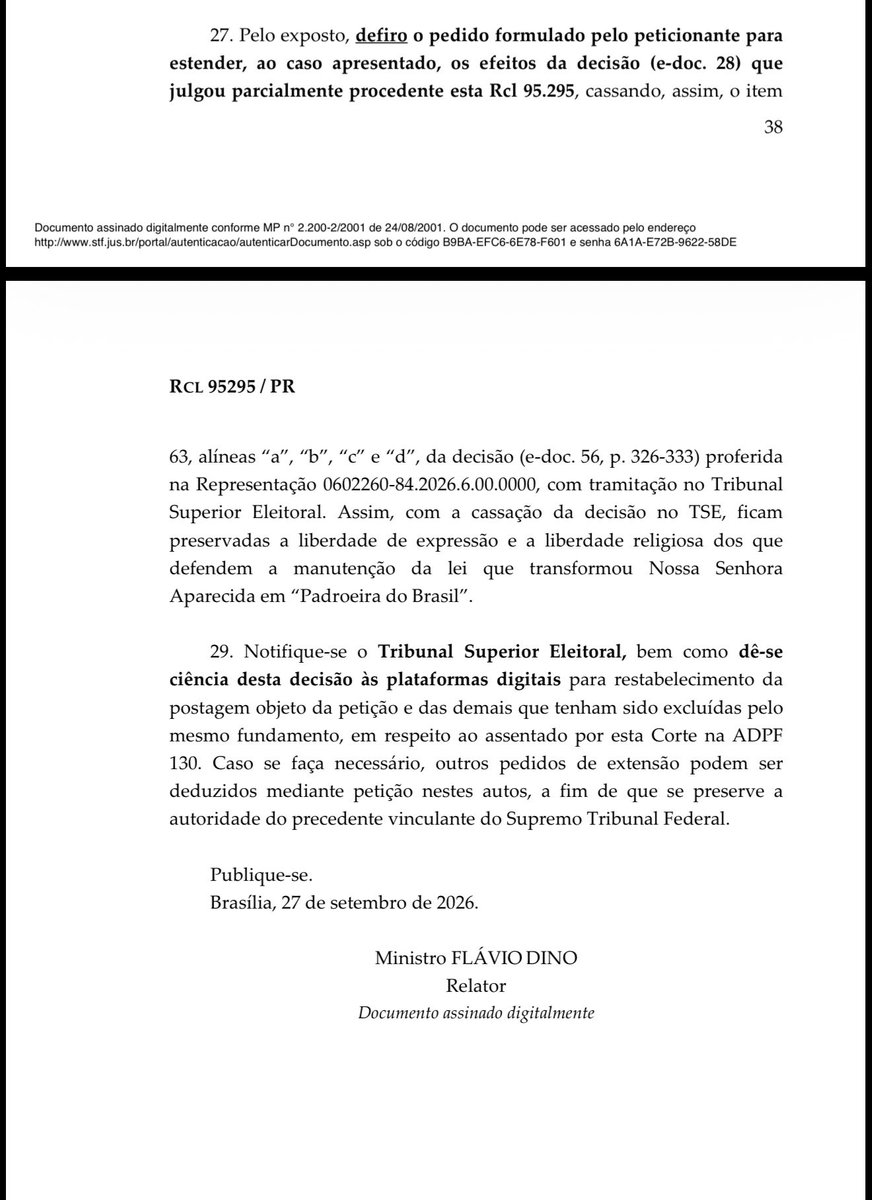 eixopolitico's tweet photo. 🇧🇷 AGORA: Ministro Flávio Dino, do STF, cassa decisão de André Mendonça, no TSE, que mandou remover post de Antônio Tabet sobre Nossa Senhora Aparecida.

Dino determinou o restabelecimento da postagem e de outras excluídas pelo mesmo motivo, em respeito à “liberdade de expressão” e à “liberdade religiosa”.