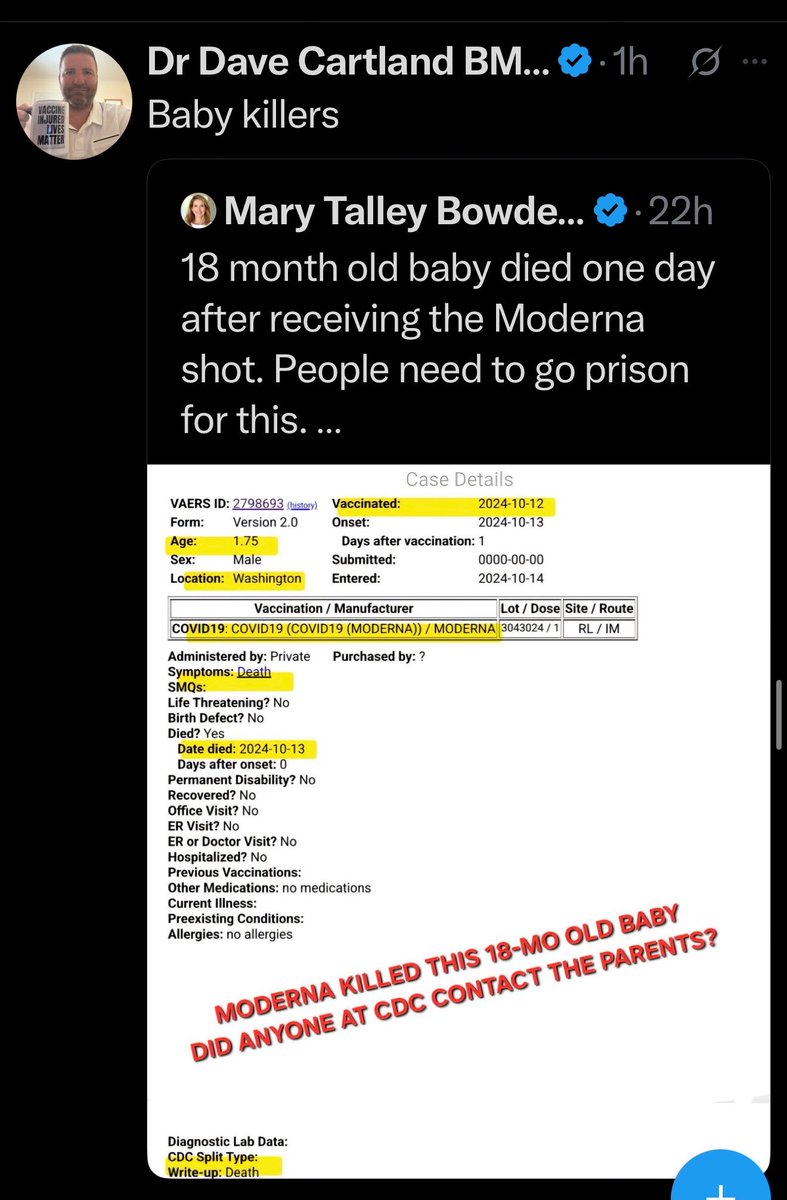 SammmmBB_'s tweet photo. One of the reasons he’s an ex-Dr. Here he is publicly presenting a VAERS report as proof of a child’s death. VAERS itself states reports ≠ causation. This records a death after vacc, it does not establish a death from vacc. “Baby killers” is emotional manipulation, not evidence. https://t.co/WgTxUgna6R