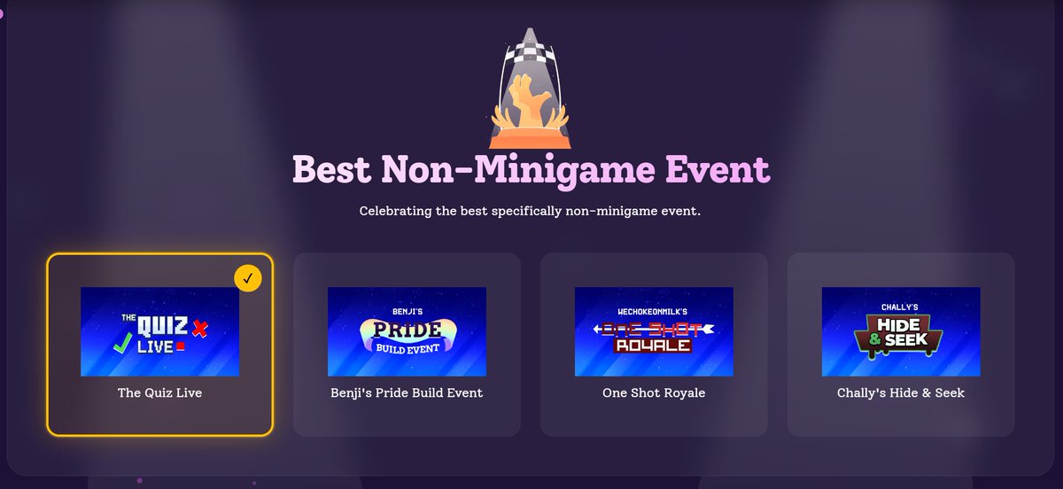 TheQuizLIVE's tweet photo. Vote @TheQuizLIVE for Best Non-Minigame Event 🏅

👉 https://t.co/CUmtdpezp4

Thanks to everyone who nominated us! https://t.co/ctfp1WIqPo