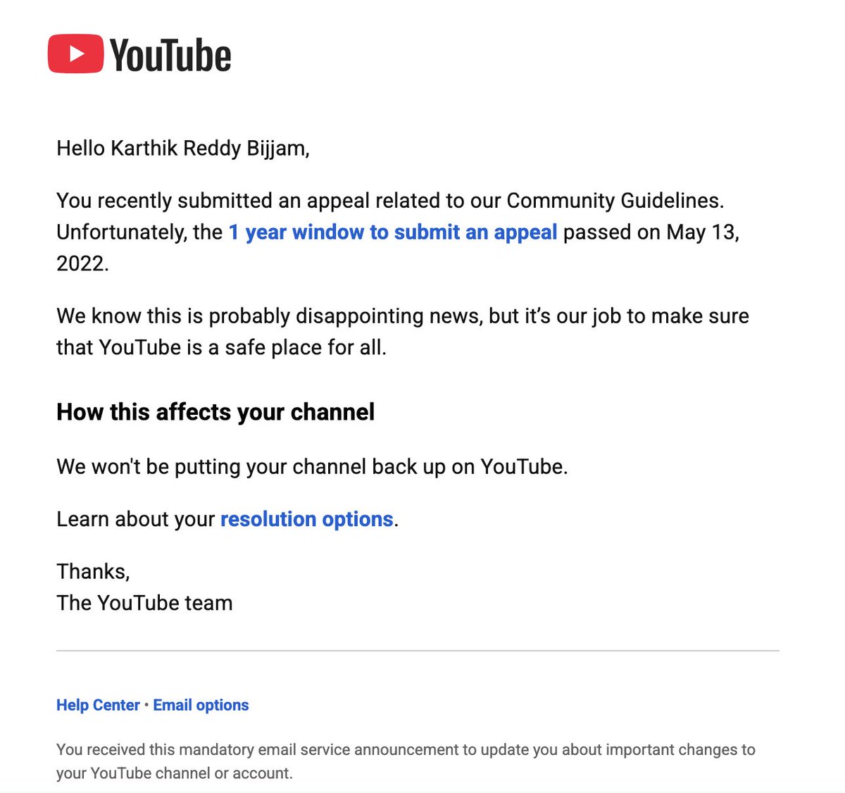 karthikbijjam's tweet photo. "Hi @TeamYouTube, I need clarification regarding an old account status linked to my identity preventing any platform access. Channel URL: 
https://t.co/eaQJJ0Vw88. Could you please advise if there is any manual review route available? Thank you." https://t.co/AIBDWkYYti