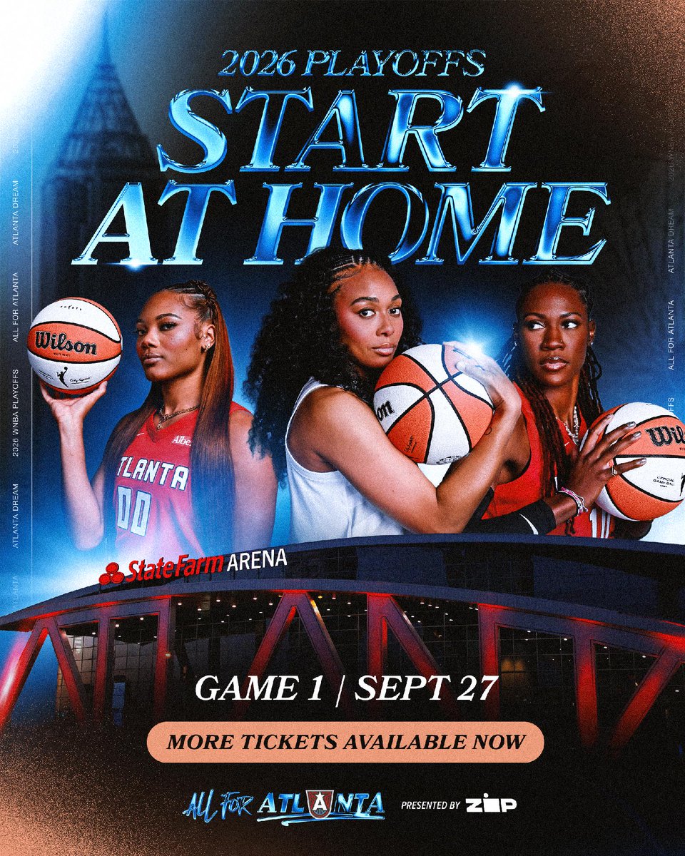CityofAtlanta's tweet photo. Atlanta, today is the day! 🏀

The 2026 WNBA Playoffs start here at home! This is bigger than basketball. Let’s support @AtlantaDream, celebrate women’s sports and bring that playoff energy downtown. Get your tickets at https://t.co/LXc2DW1Ifx.

Let’s go, Dream! https://t.co/FN7pRNf0ya