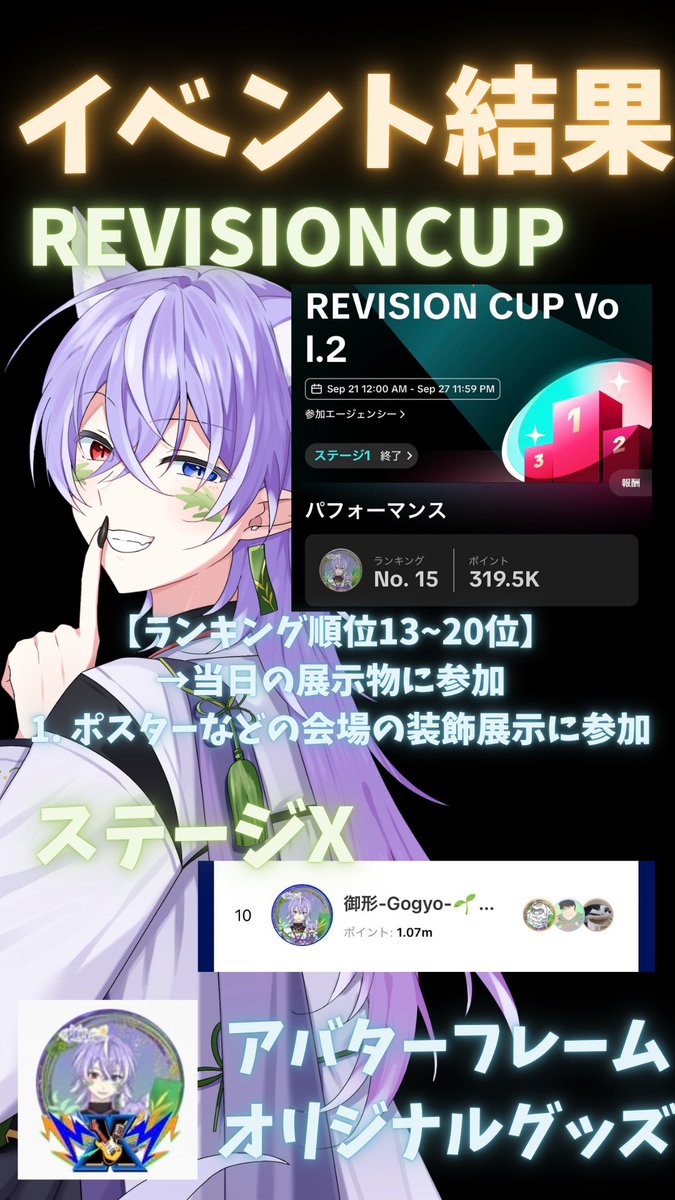 Gogyo_2024's tweet photo. 🔔取り急ぎイベント結果発表🌱
目標としていたステージへの道は悔しくもランクイン出来ませんでしたが、会場の展示物として参加します！
沢山応援してくれてありがとう！
来年のイベントこそはステージに立つ！！！
並行して参加したステージXは
10位入賞でした！ありがとうございます！ https://t.co/VXyiptOKdM