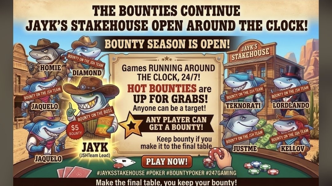 kellovnft's tweet photo. Round the clock poker games &amp; Bounties still in effect onJSHteam&amp; Jayk= bonus 5$ bounty4r every game you can knock one or more out you win! ( One bounty per Outlaw per game &amp; catch them before they make it 2the final table)
Joim DISCORD @JayksStakeHouse 
 https://t.co/SGZDQG8afS https://t.co/S5dk0tTnWS