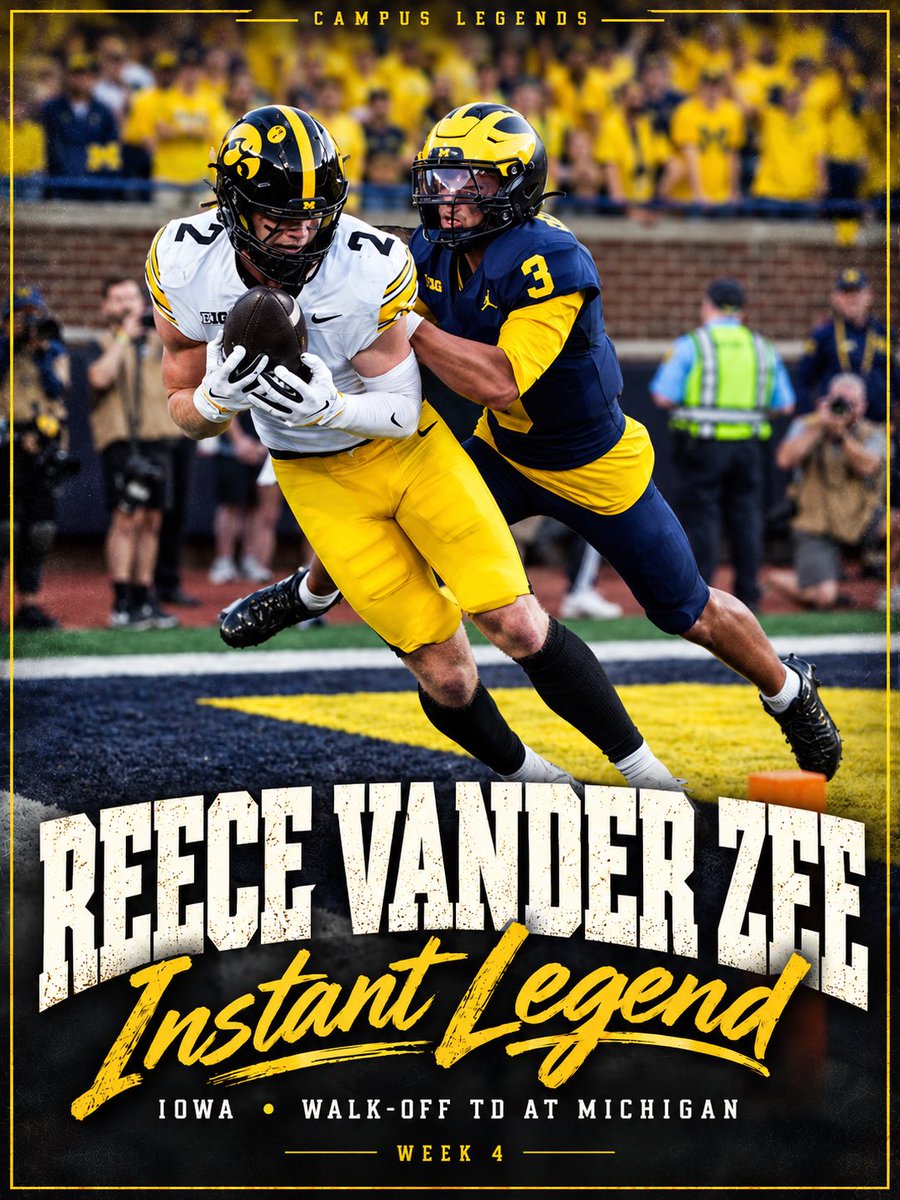 CampusLegendsHQ's tweet photo. ⚡ INSTANT LEGEND: Reece Vander Zee. Iowa. 🟡⚫️

5 catches. 66 yards. 2 TDs.

Fourth down. 2 seconds left. Walk-off winner at the Big House. 🤯 https://t.co/65xQLYabTr