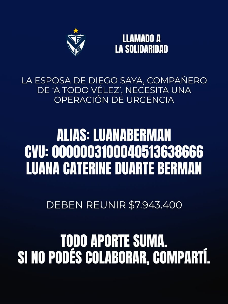 VelezLate's tweet photo. 🚨 LLAMADO A LA SOLIDARIDAD 

La mujer de Diego Saya, compañero del medio de #Velez @AtodovelezRadio necesita una operación de urgencia.

Deben reunir $7.943.400 para cubrir los materiales. 🙏🏻

Alias: luanaberman
CVU: 0000003100040513638666
Luana Caterine Duarte Berman

💙 Todo aporte suma. Si no podés colaborar, compartí.
