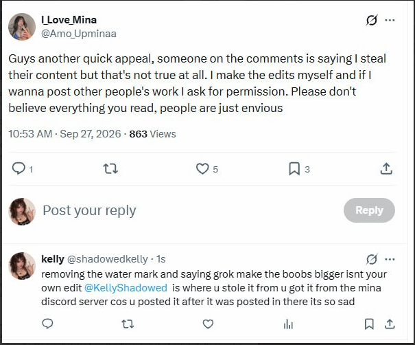 shadowedkelly's tweet photo. @Amo_Upminaa btw taking my edits using grok too take off my water mark putting yours on does not make it your edit u keep deleting and reposting it just make your own u take all your stuff from the mina discord u freak https://t.co/l10riE0Ecb
