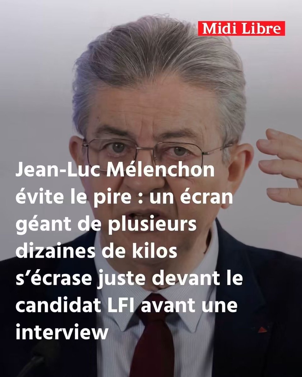 mindedman1985's tweet photo. 😡 Un écran de plusieurs dizaines de kilos s’écrase à quelques centimètres de Mélenchon.

Punaise.. à quelques centimètres quoi..😭

Décidément, la France n'a pas de bol..

Vous auriez réagi comment en voyant la scène ?

#Mélenchon #JeanLucMélenchon #LFI #CNews #Politique https://t.co/nP9HMVv3dZ